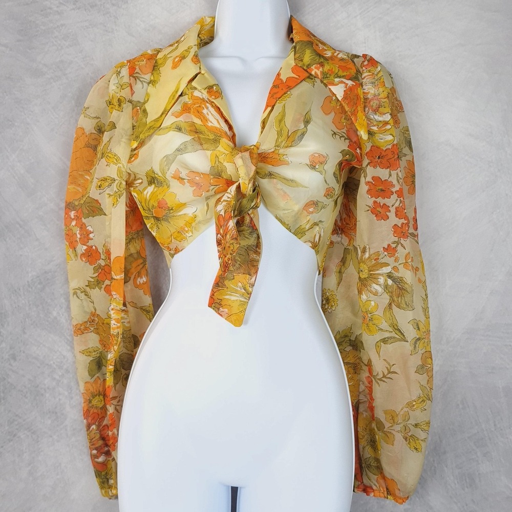 Vntg Floral Dress Jacket Womens 12 Yellow Chiffon Maxi 70s Mod Flutter Sleeve - Picture 10 of 16
